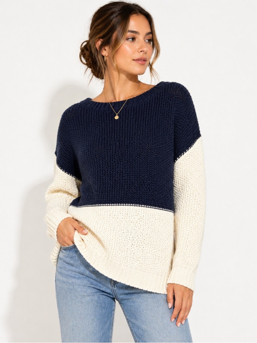 Lauren Ralph Lauren Colorblock Knit Sweater Navy Cream Coastal Classic Medium